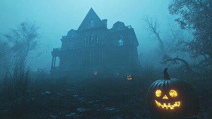 A Spooky Halloween House in a Foggy Forest with Jack-O-Lanterns