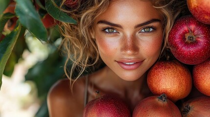 A young woman poses amid fresh apples in an orchard during a sunny afternoon, showcasing natural beauty and vibrant fruit colors