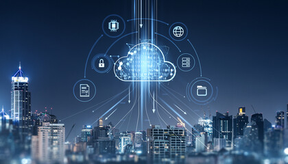 Fototapete - Cloud computing concept over city skyline at night in Bangkok.