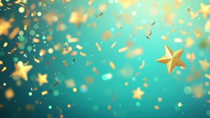Wall Mural - 'glitter holiday confetti teal background. abstract texture green celebration bokeh gold star realis