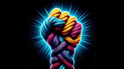 Canvas Print - Team rope diverse strength connect partnership together teamwork unity communicate support . Strong diverse network rope team concept integrate hand shape braid knot cooperation empower power