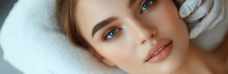 Wall Mural - Woman with blue eyes and natural makeup lying on a white towel with a gloved hand touching her face.