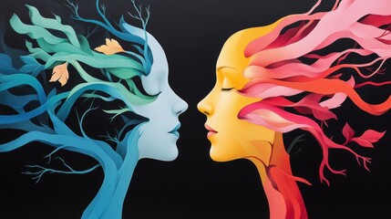 Two minds, intertwined in a surreal, abstract dance, their thoughts and feelings connected by a network of vibrant lines.