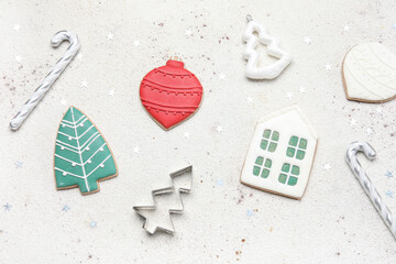 Wall Mural - Composition with different Christmas cookies and decorations on light background