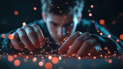 Technician working on a complex network diagram, highlighting connections and data flow.