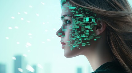 Poster - A woman with flowing hair, made entirely of digital code, walks through a city landscape where buildings are made of circuit boards.