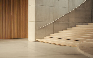 Modern interior design featuring a wooden staircase and concrete walls in a minimalist space