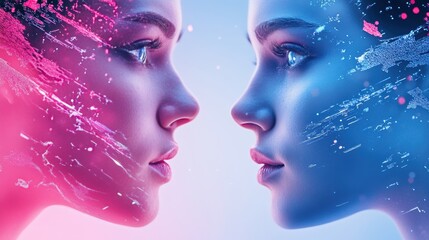 Poster - Two people communicating through a holographic portal, their faces distorted and surreal, representing the fantastical possibilities of wireless communication.