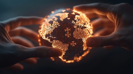 Poster - A globe surrounded by interconnected hands passing glowing puzzle pieces, global outsourcing and teamwork