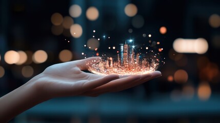 Poster - A person hand holding a device that projects a holographic image of a surreal, virtual environment, showcasing the power of wireless technology to create immersive experiences.