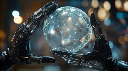 Poster - A robotic pair of hands holding a glowing sphere with interconnected lines and lights.