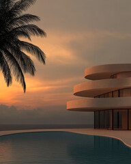 Modern architectural design of a spiral building by the beach at sunset with palm tree silhouette