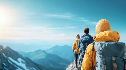 A group of hikers reaches the peak of a mountain, looking down at the view with joy and accomplishment. Their perseverance and belief in themselves are evident in their expressions