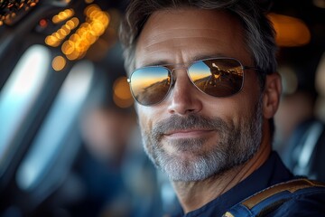 Canvas Print - Man pilot wearing sunglasses and a blue shirt. He is smiling and looking at the camera. The image has a casual and relaxed mood. passager pilot. male. sunglasses. smiling