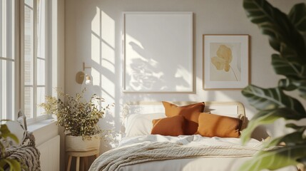Poster - A 3D rendered minimalist mockup of a floating white frame displayed in a bright airy Scandinavian inspired bedroom with color textiles and modern clean decor elements
