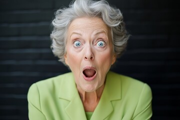 Canvas Print - Woman with blue eyes and a surprised expression. Concept of surprise, wonder. elderly woman with an open mouth, raised eyebrow, standing in a frontal view, wearing green outfit against dark background