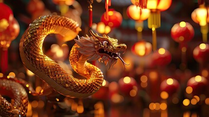 Canvas Print - A Golden Dragon Statue Amidst a Background of Red Lanterns