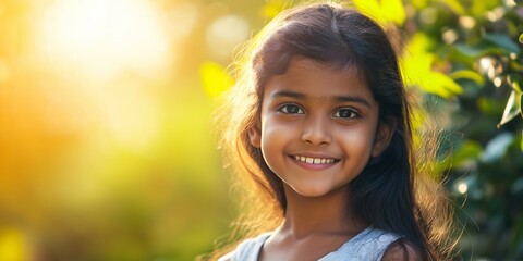 Wall Mural - A young girl with long hair is smiling at the camera. The image has a bright and cheerful mood, with the sun shining on the girl's face and the surrounding greenery