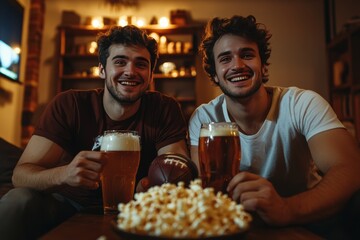 Two Young caucasian watch football and cheer match hold football ball with popcorn and beer on table at home