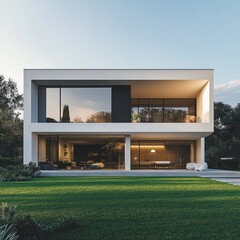 A modern minimalist house with green lawn