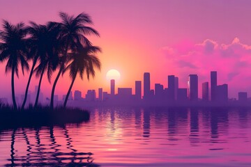 beautiful fantastic sunset on the beach with a palm tree and a lifeguard house against the background of a starry sky and a city with skyscrapers on the horizon