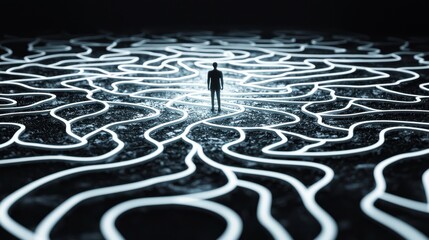 Wall Mural - a tangled web of paths with a glowing figure standing at the center, each path branching out into va