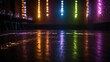 © kucret - A low-angle view of a wooden dance floor with blurred colorful lights reflecting on the surface.