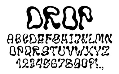Poster - Wavy groovy letters and numbers. Trembling font. Typescript with fluid liquid shapes. Y2K alphabet. Black and white hand drawn typeface. Melted letters