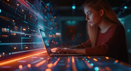 Young Woman Working on a Laptop with a Futuristic Interface