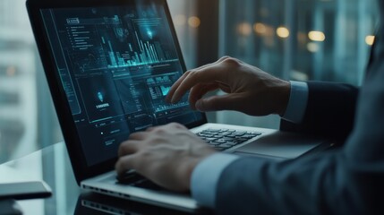 Poster - Due diligence concept. Businessman using laptop with due diligence icon on virtual screen.