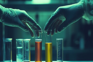 Laboratory environment featuring hands engaging with medical test tubes.