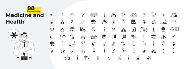 Poster - Medical healthcare outline illustrations mega bundle. Psychology mental disorder. Hospital research. Trauma injury. E medicine 2D linear images isolated. Collection black and white vector drawings