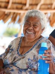 Poster - A woman smiles brightly while holding a blue bottle. AI.