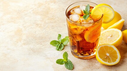 Wall Mural - iced tea with lemon and mint in a tall glass with ice cubes.