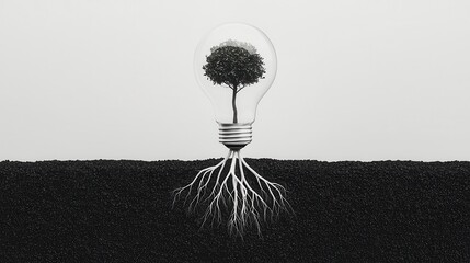 an abstract light bulb with roots growing from its base, symbolizing innovative ideas in corporate s