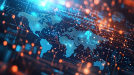 Poster - High-tech digital world map on a data server background, showcasing global connectivity and network technology.