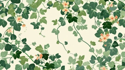 Wall Mural - Seamless Pattern of Green Ivy with Delicate Peach Flowers