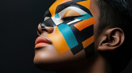 Vibrant geometric face paint on a serene individual against a dark background, AI