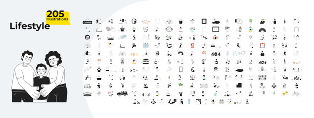Poster - Daily life outline illustrations mega bundle. Diversity wedding. Fast food. Hobbies leisure activity. Heat stroke. 404 error 2D linear images isolated. Collection black and white vector drawings