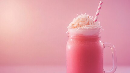 Wall Mural - pink smoothie with coconut flakes and a straw in a glass jar against a light pink background.