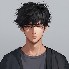 Wall Mural - anime-style avatar of a young man with black hair. He should be standing in the center, facing the viewer with a neutral or friendly expression