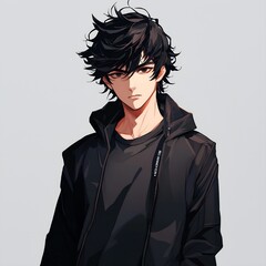 Wall Mural - anime-style avatar of a young man with black hair. He should be standing in the center, facing the viewer with a neutral or friendly expression