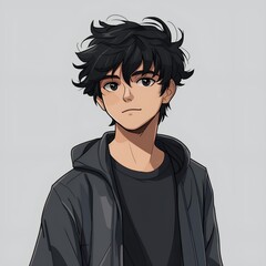 Wall Mural - anime-style avatar of a young man with black hair. He should be standing in the center, facing the viewer with a neutral or friendly expression