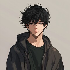 Wall Mural - anime-style avatar of a young man with black hair. He should be standing in the center, facing the viewer with a neutral or friendly expression