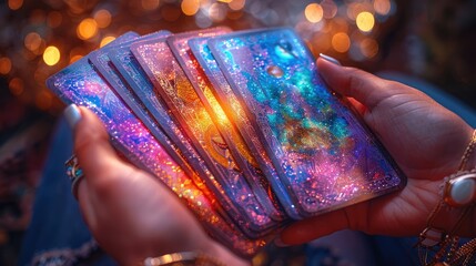 Fortune teller holding tarot cards on blurred background