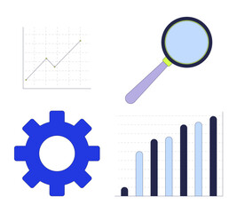 Poster - Business data analytics 2D cartoon objects set. Magnifying glass, cog gear. Management analysis graph chart isolated elements flat vector cliparts on white background. Spot illustrations collection