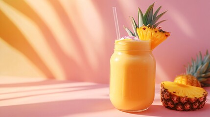 Wall Mural - refreshing pineapple smoothie in a glass jar with a straw, garnished with a pineapple wedge.