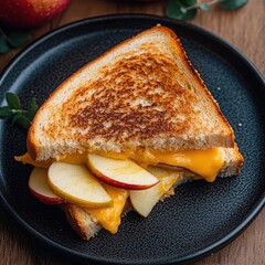 Sticker - Grilled cheese sandwich with apple slices, black plate, close up