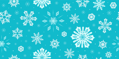 Wall Mural - Bright snowflakes background frosty blue color. Cute seamless pattern with fancy snowflake crystals. Christmas snow winter repeat design. Rustic Nordic snowflake shapes.