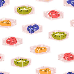 Poster - Jelly desserts, fruit gelatin sweets, seamless pattern. Endless repeating background, print, texture with jello candies. Colored flat vector illustration for wallpaper, textile, fabric, wrapping paper